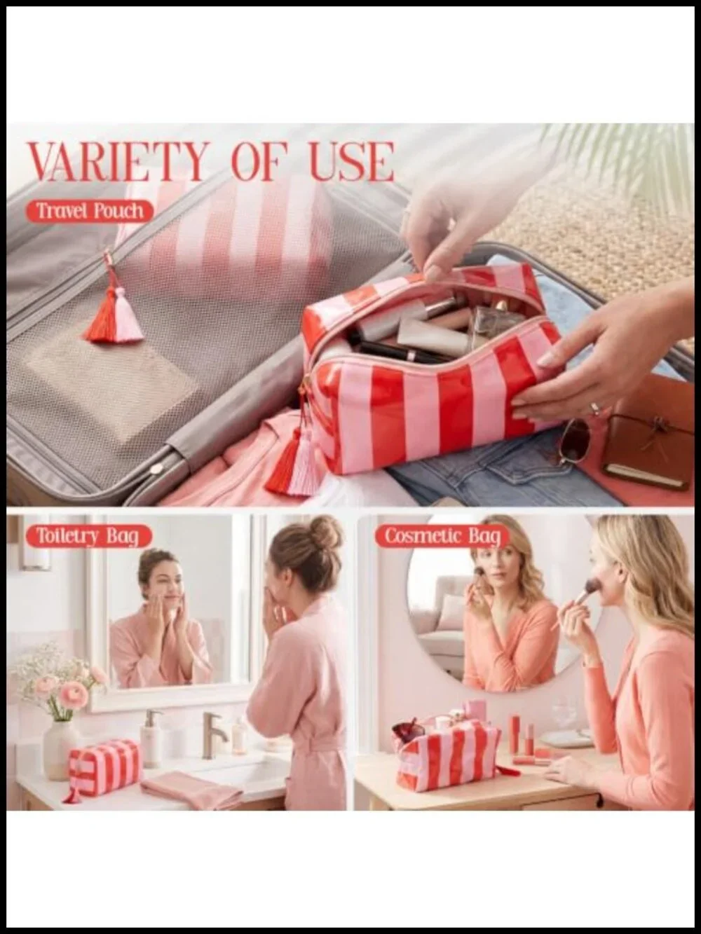 6 Pcs Waterproof Striped Makeup Bag Bulk for Women Orange PVC Travel Cosmetic
